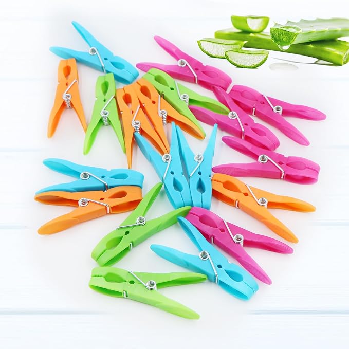 24Pack Colorful Plastic Clothespins Heavy Duty Laundry Clothes Pins Outdoor | Multipurpose Non-Slip Clips with Springs, Air-Drying Clothing Pin Set for Hanging Clothes, Towels, Crafts, Photos & Food Bags