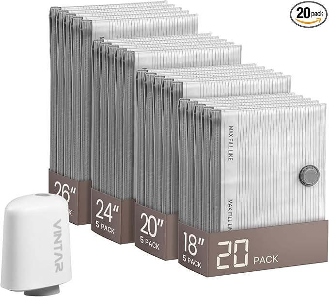 VINTAR 20 Pack Vacuum Seal Bags for Clothing Travel with Cordless Pump | Space Saver Vacuum Storage Bags, USB Rechargeable Pump, 4 Sizes Compression Bags Set for Travel Luggage Clothes Bedding