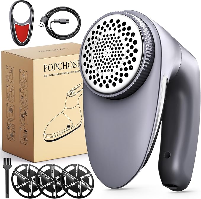 POPCHOSE Fabric Shaver, 6-Leaf Blades & Electrostatic Brush, Rechargeable | Lint Remover for Clothes, Sweater Shavers to Remove Pilling, Electric Lint Remover for Couch, Furniture, Fuzz