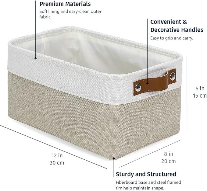 OrganiHaus Small Fabric Storage Baskets 3 Pack, 12x8in Cloth Storage Bins for Shelves, Small Baskets for Organizing Bathroom Pantry Closet, Canvas Shelf Baskets, Beige/Off-White