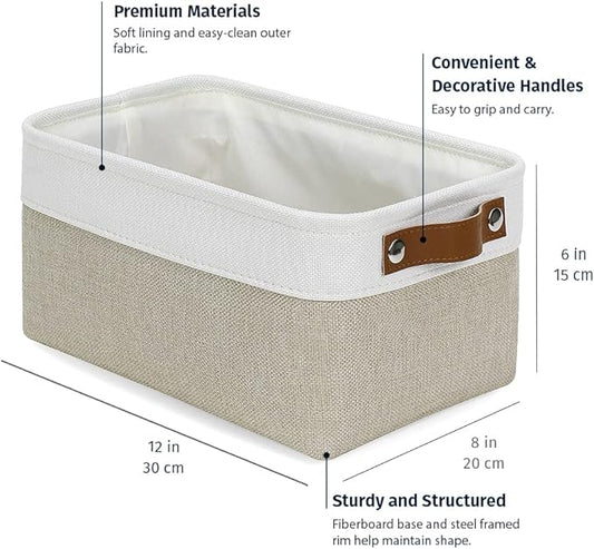 OrganiHaus Small Fabric Storage Baskets 3 Pack, 12x8in Cloth Storage Bins for Shelves, Small Baskets for Organizing Bathroom Pantry Closet, Canvas Shelf Baskets, Beige/Off-White