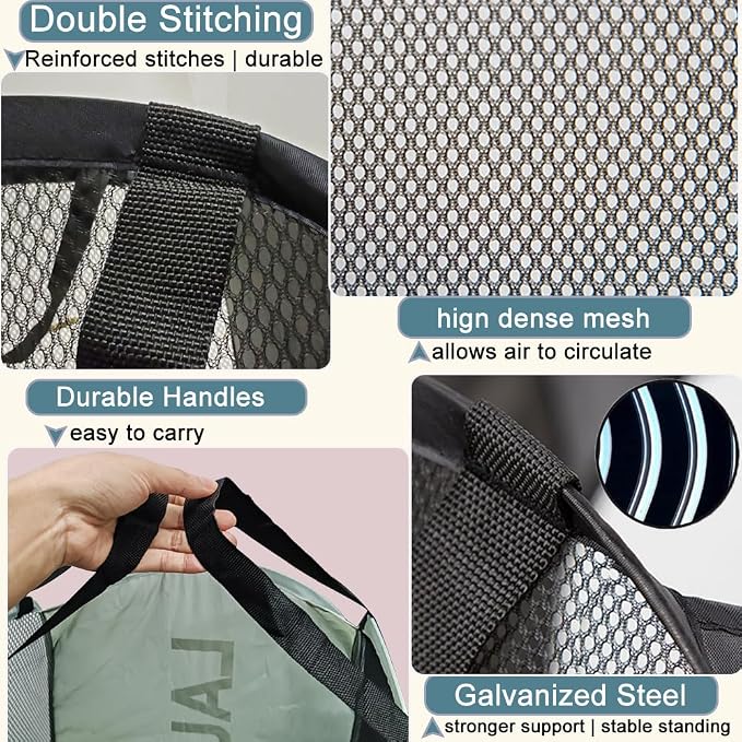 Mesh Laundry Hamper 2Pack Pop Up Hamper with Strong Handles, Collapsible Laundry Basket for Home, Bathroom, Bedroom, Travel Storage Hamper(Grey + Sky Blue)