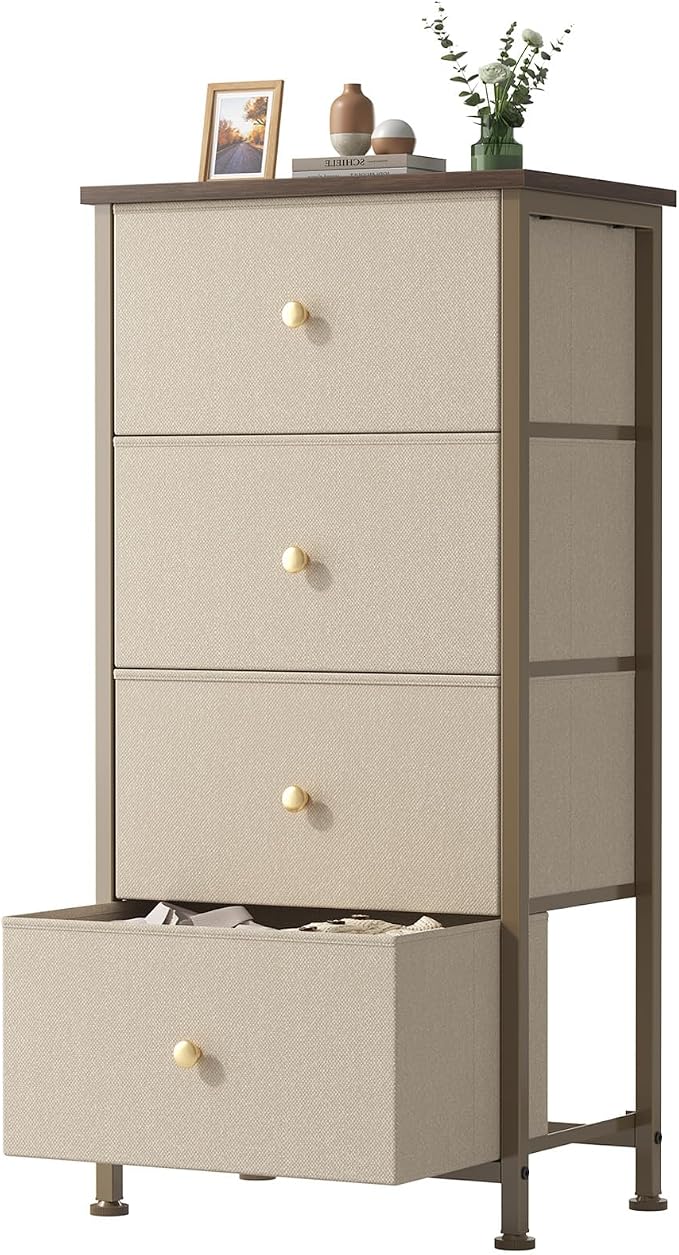 Sweetcrispy Dresser for Bedroom, 4 Drawer Storage Cabinet, Tall Nightstand | Small Fabric Dresser for Closet, Chest of Drawers, Closet Organizer, Home Furniture, Sturdy Frame, Khaki