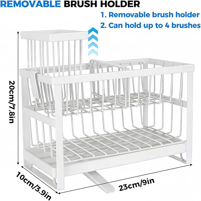 2-Tier Sponge Holder for Kitchen Sink, Self-Drain Caddy with Brush Holder, Countertop Organizer for Sponges, Brushes, and Dish Rags（White）