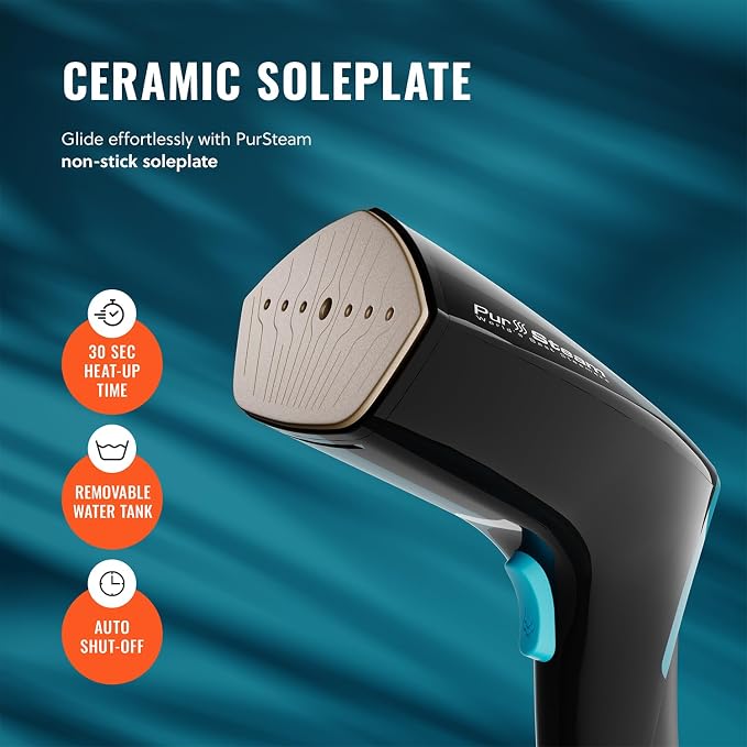 PurSteam Handheld Garment Steamer for Clothes – Powerful Wrinkle Remover with 3 Steam Settings, Large Removable Water Tank, and Fast Heat-Up – Portable Fabric Steamer for Home & Travel (Pack of 2)
