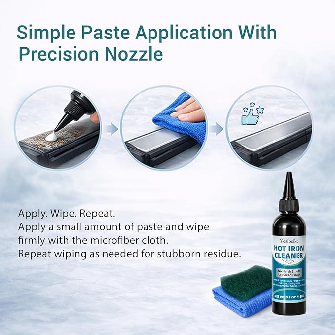 Upgraded 150g No Smoke Iron Cleaner, Cold Use Soleplate Cleaner Paste for Steam Irons, Removes Starch, Melted Fabric & Glue, Safe for Flat & Curling Irons, with Microfiber Cloth