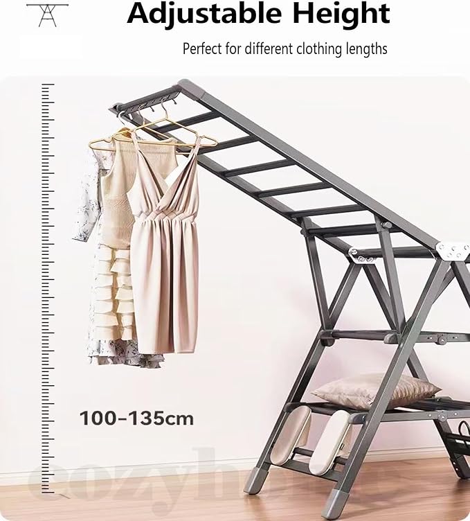 71" Foldable Clothes Drying Rack, Heavy Duty Laundry Drying Rack with Wheels, 3-Level Large Standing Clothes Rack, No Assembly Required Rust-Proof Carbon Steel for Indoor/Outdoor
