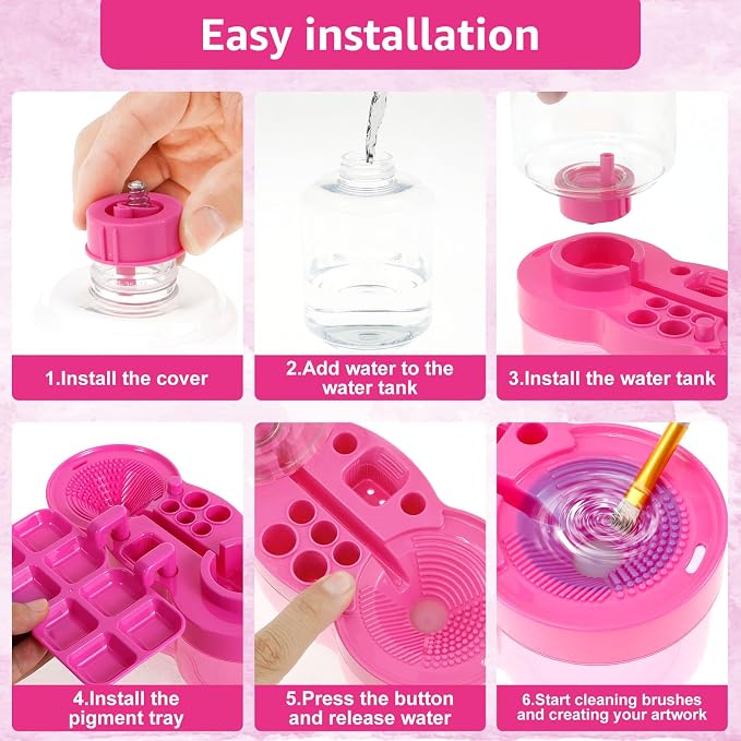 Paint Brush Cleaner for Kids Water Circulation Paint Brush with Drain Paint Water Dispenser with Palette Brush Holder Paint Brush Washer for Acrylic Painting Watercolor Art Supplies（Pinkpurple）