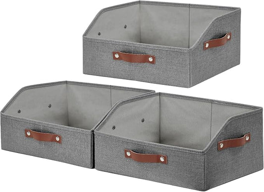 Bagnizer Closet Organizers and Storage, Linen Trapezoid Storage Bins with Handles, Collapsible Shelf Organizer for Blanket, Towel, Clothes, Hats, Purse (Gray)