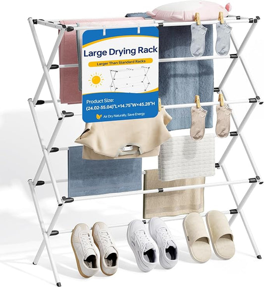 Oversized Clothes Drying Rack, 45.28" H × 14.57" D | Foldable & Extendable, Adjustable Size (24.76"-35.51"L), Space-Saving, Rust-Resistant Frame, Indoor/Outdoor Use, White