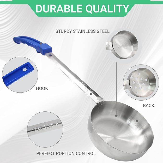 4PCS 8 oz Portion Control Serving Spoons,Measuring Ladle Scoops Food Utensils,Proportion Manage Slotted and Unslotted Scoops for Weight Loss/Kitchen(Blue)