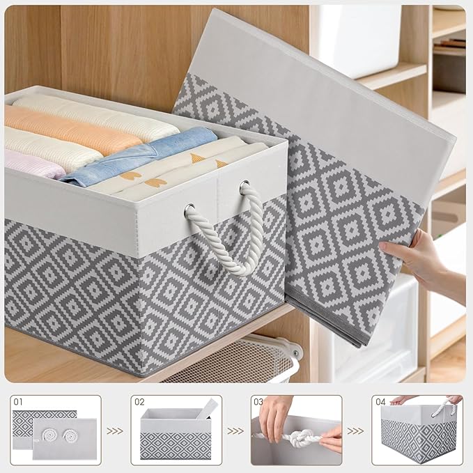 StorageTastic Storage Bins, 6-Pack Large Storage Box with Rope Handles, Collapsible Storage Basket for Organizing Books,Clothes,Rhombic Grey