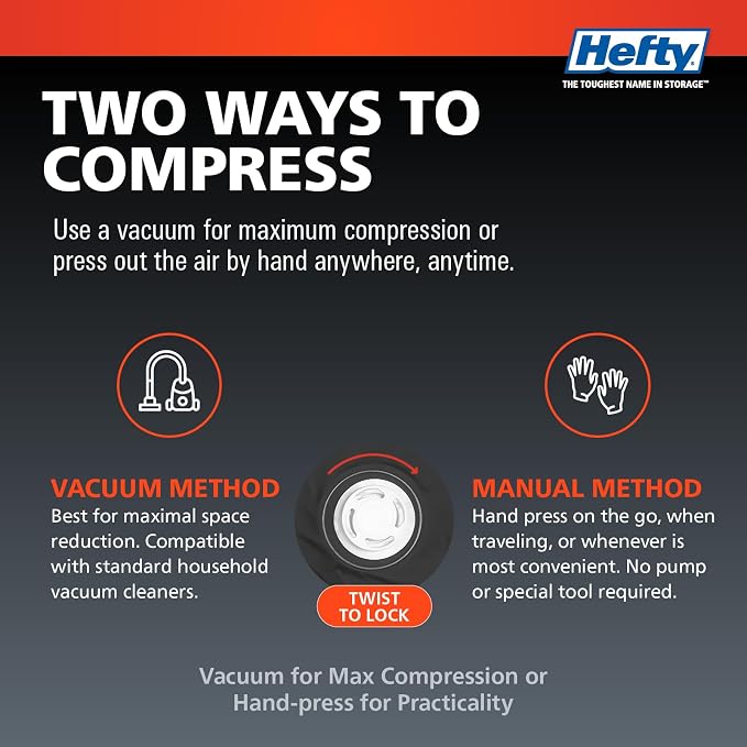 Hefty MAX Shrink-Pak Vacuum Seal Storage Bags for Clothing, Travel, Bedding | Tear & Water Resistant, Dual-Valve Space Saver Compression Bags - Large, 4-Pack
