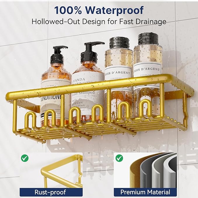 8 Pack Adhesive Rustproof Shower Caddy with Soap Dishes, Toothbrush Holder & Hooks, Large Capacity No-Drilling Shower Shelves Rack for Bathroom Organizers and Storage Accessories, Gold