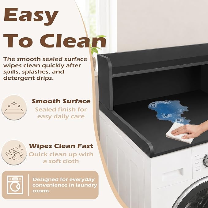 Royxen Laundry Countertop with 2-Tier Shelf Universal Fit, Washer and Dryer Countertop with Storage Space, Shelf Height 11.5 Inches, Solid Wood Core, Black