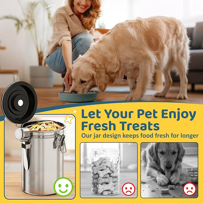 ENONCI Dog Treat Container Airtight,8.2"x5.9" Stainless Steel Cat Treat Jar for Kitchen Counter with Scoop, Pet Storage for Fresh Dog Cookie