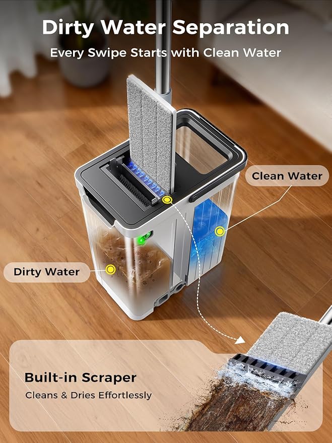 Mop and Bucket Set | Auto-Spray Cleaning | Dirty Water Separation Keep Water Fresh | Flat Mop & Bucket with Scraper | 3X Washable Pads | Mops for Floor Cleaning Valentine's Day Gift