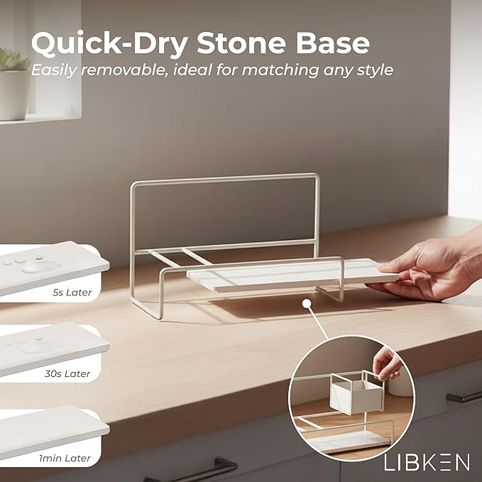 LIBKEN Kitchen Sponge Holder with Drying Stone – Warm Grey Powder Coated Metal Sink Caddy – Minimal Scandinavian Design Sponge Rack for Kitchen Sink Organization & Elegant Countertop Storage