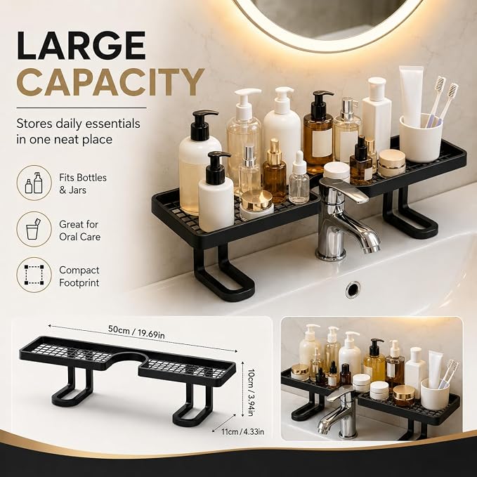 Over Sink Faucet Storage Rack, 2027 New No-Drill Free Standing Faucet Storage Shelf, Space-Saving Bathroom Countertop Organizer for Kitchen & Bathroom, Easy Drainage (White)