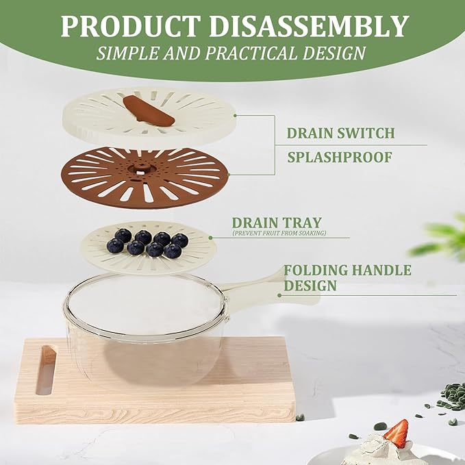 2 Pcs Multipurpose Drain Basket with Lid & Foldable Handle,2 in 1 Draining and Preservation Basket,Fruit Strainer Container with Lid for Fridge Freshness,Outdoor Picnics(1QT+1QT)