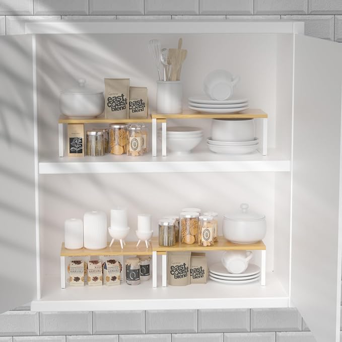 NEX Kitchen Cabinet and Counter Shelf Organizer, Stackable & Expandable, Set of 4, White and Natural - 7.7 x 15.6 x 6.2'' | Stackable Expandable Spice Rack, Pantry Organizers Space-Saving, Bathroom Countertop Storage, White and Natural