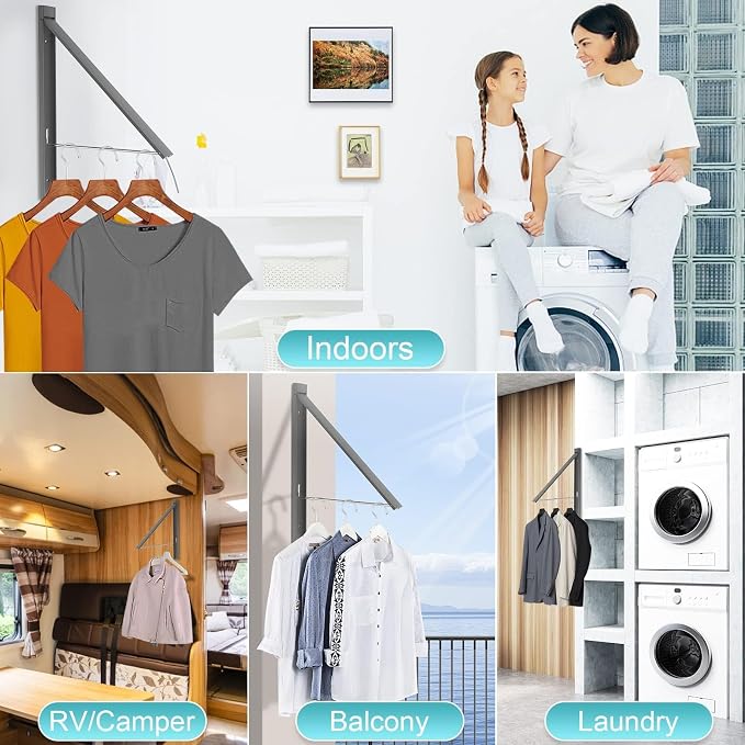 Clothes Drying Rack Folding Indoor,Laundry Room Organization,Wall Mounted Drying Racks for Laundry,Laundry Drying Rack Collapsible,Laundry Drying Rack,Retractable Clothesline (Gray)