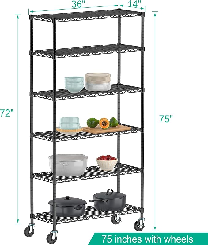 Folews 6-Tier Metal Storage Rack with Wheels, NSF Sturdy Adjustable Wire Shelving Unit for Garage Kitchen Pantry Laundry Room, 36" W x 14" D x 75" H Large Rolling Organizer Shelf Easy Assembly, Black
