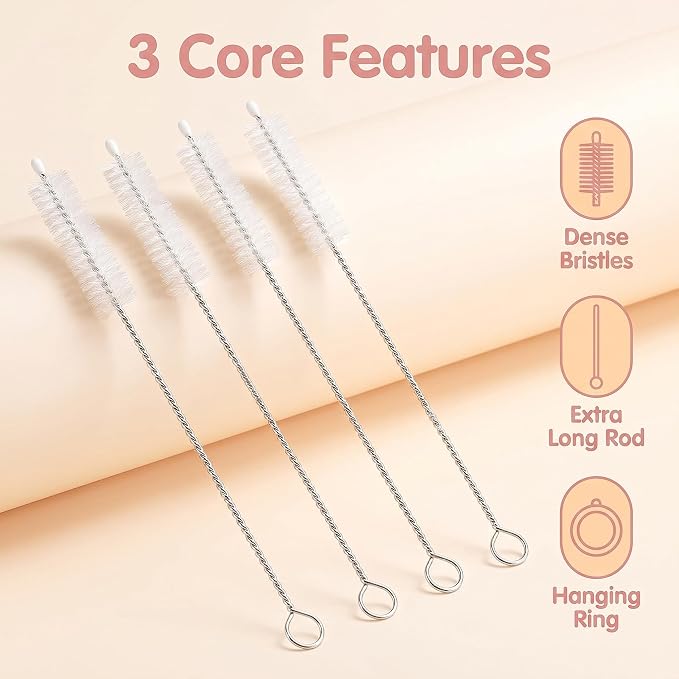 4 Pack Long Handle Pipe Cleaning Brush Set, Soft Bristle Deep Clean Detail Brush for Straws, Narrow Bottles, Small Tubes, Crevices