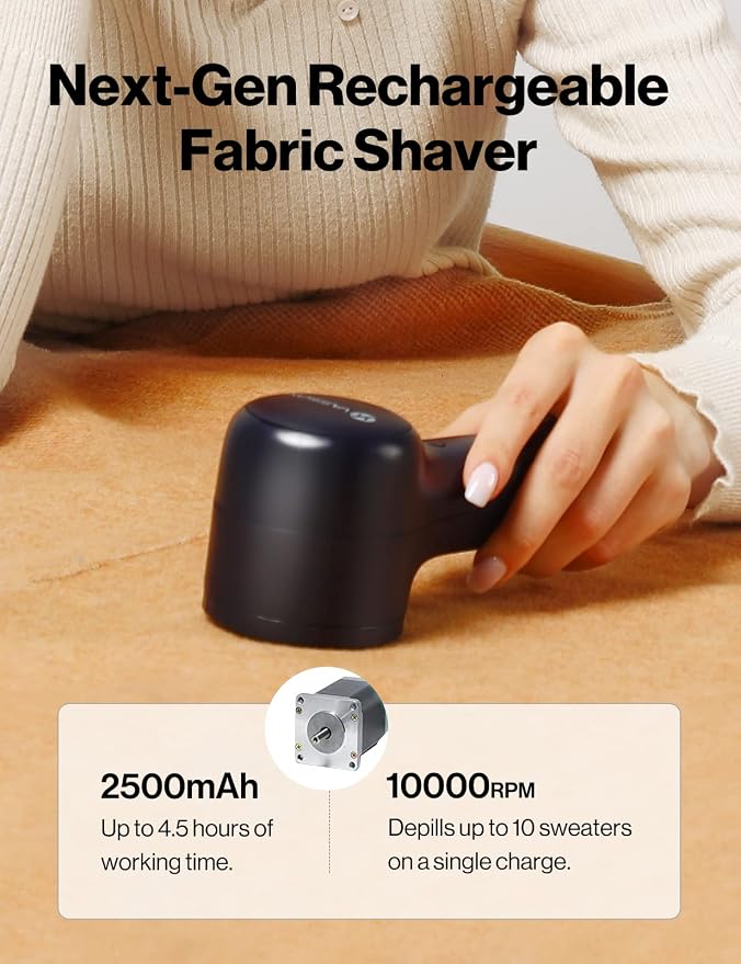 VASSON Fabric Shaver, Sweater Shavers to Remove Pilling, High-Perf Defuzzer, Rechargeable Electric Lint Shaver for Fuzz and Lint Balls from Clothing, Upholstery, Bedding (Black) | Upgraded Battery Life & Type-C Fast Charge，2-Speed Fuzz Remover