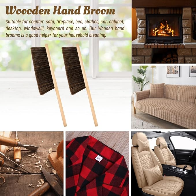 2 Pieces Woooden Dust Brush Hand Broom Bench Brush with Long Wood Handle Whisk Broom Soft Bristle Brush for Counter Bed Sofa Car Fireplace Clothes Household Cleaning