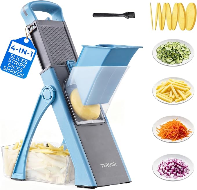 Safe Mandoline Slicer Multi Vegetable Chopper, Foldable 4 in1 Fruit Slicer Dice Strip Shred Veggie Cutter with 0-8mm Thickness Adjustable Built in Blades, Detachable Salad Chopper,110V