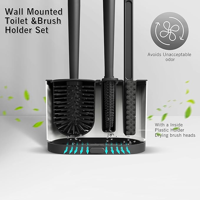 Toilet Brush and Holder Set for Bathroom,Flexible Toilet Bowl Brush with Silicone Bristles,Ventilation Slots Base (Matte Black)
