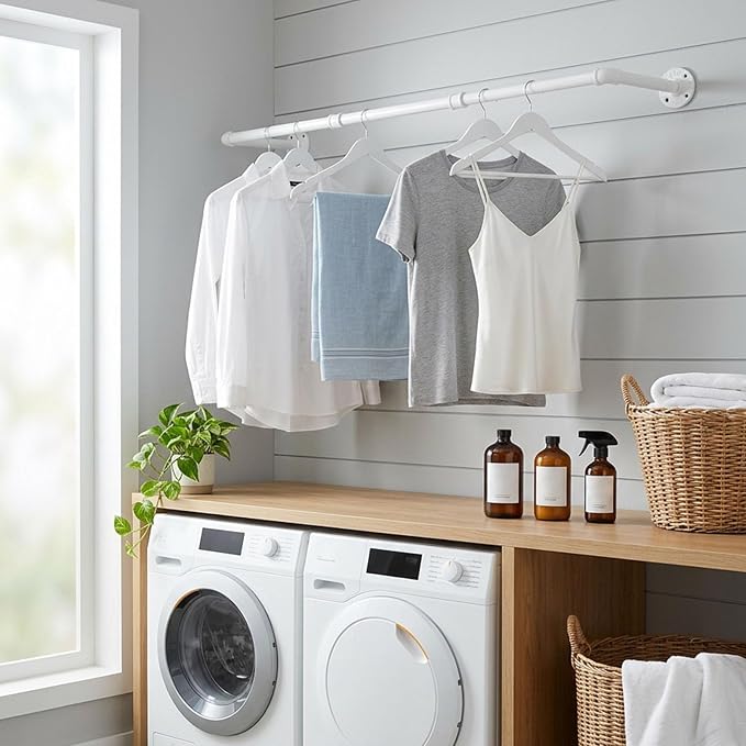 Industrial Iron Pipe Clothes Hanging Bar DIY Wall-Mounted Garment Rack Heavy Duty Clothing Rack for Bedroom, Laundry Room, Closet Storage (White 36 inch)