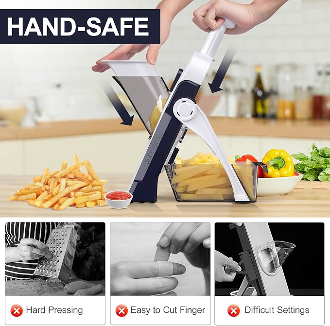 5 in 1 Adjustable Safe Mandoline Slicer for Kitchen with Paring Knife | Safe Mandoline Slicer for Kitchen, Easy to Clean/Storage, Potato Slicing, Strips, Shredding, Dicing, Chop, Cleaning brush