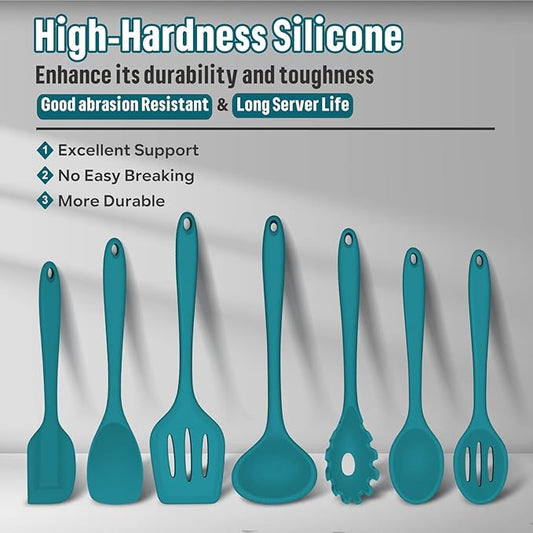 Silicone Cooking Utensils Set, E-far 7-Piece Blue Heat Resistant Kitchen Utensils Set, Kitchen Nonstick Tools Spatula Ladle Spoon Pasta Server for Non-stick Cookware, Non-Toxic & Dishwasher safe