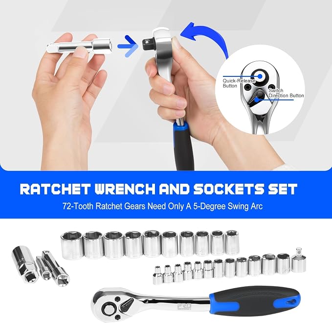 Prostormer 269-Piece Tool Set, Complete Home Tool Kit, Blue | Includes 72-Tooth Ratchet, Sockets, Combination Wrenches, Assorted Tools for Home DIY and Auto Repair