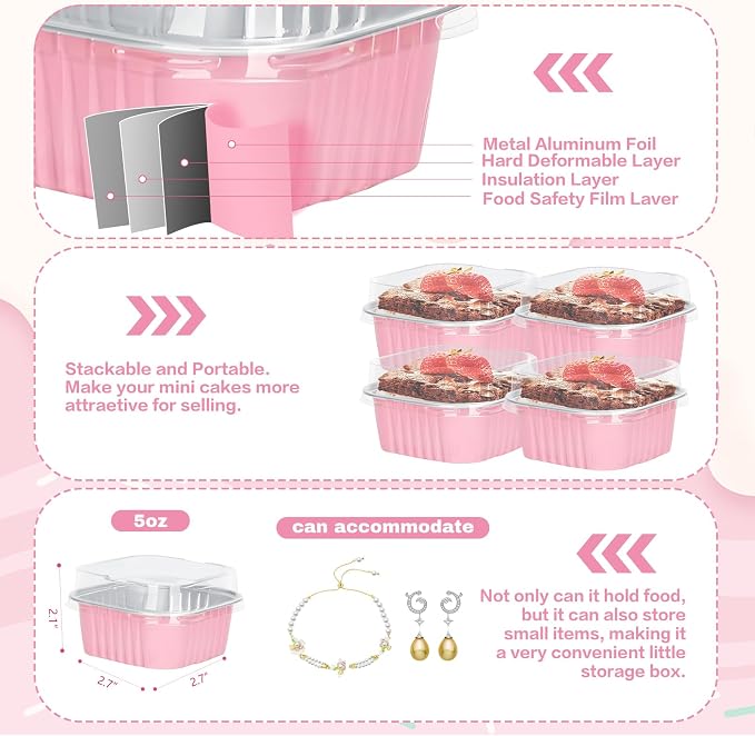 100Pack 5oz Pink Mini Cake Pans with Lids, Spoons and Stickers Baking Cups Aluminum Foil Pans Tins, Individual Dessert Cups Containers for Sales,Party,Picnics