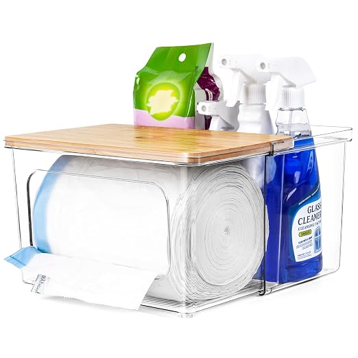 iCASA Trash Bag Dispenser Holder - 2 in 1 Acrylic Under Sink Organizer | Garbage Bags Dispenser with Bamboo Lid, Holds up to 100 Count, 13/30/33 Gallon Bag Roll, Pantry Organization and Storage