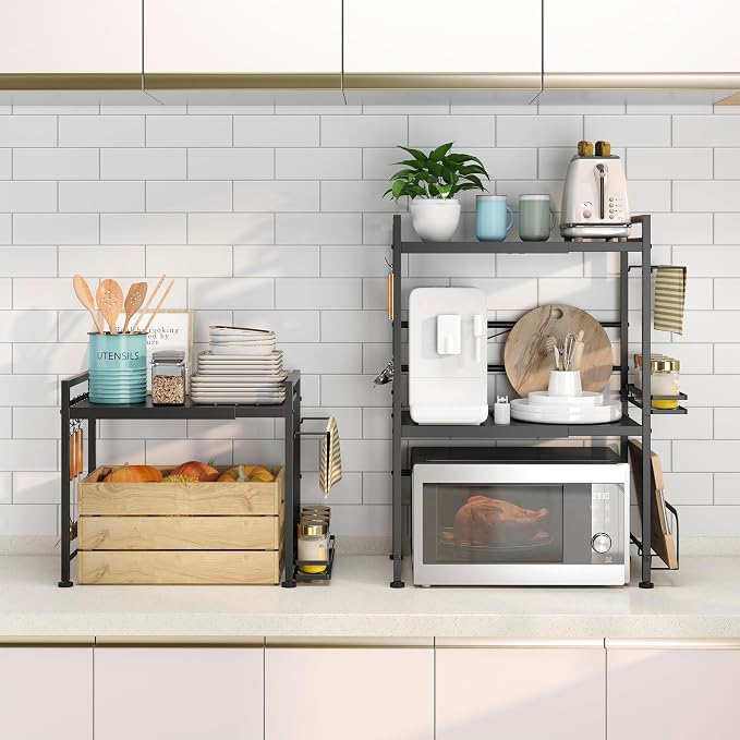 DOLALIKE Microwave Oven Rack, Expandable Microwave Stand Countertop Kitchen Utensils Tableware Storage, Carbon Steel Over Microwave Shelf Countertop with 6 Hooks | Adjustable Microwave Oven Rack Metal Storage Shelf for Pans Small Appliances Kitchen Ute...