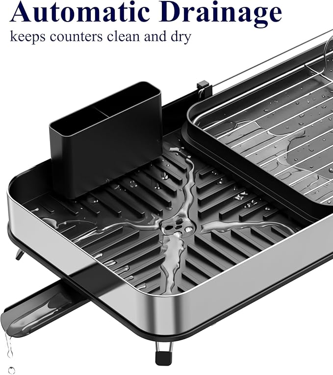 Kitsure Expandable Metal Dish Drying Rack, 16.1-26.6" L x 12.6" W, Black | Dish Racks for Kitchen Counter, Auto-Drain Drying Rack for Kitchen, Cutlery Holder, Non-Slip Feet, Anti-fall Fence