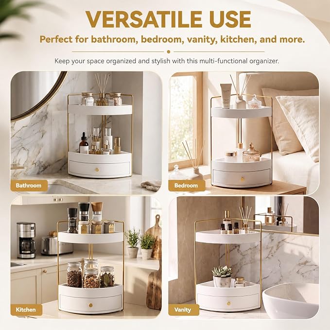 AceOrbit 2-Tier Corner Bathroom Counter Organizer with Drawer, Wood Vanity Countertop Shelf for Skincare, Makeup, Perfume and Toiletry Storage, Space-Saving Bathroom Sink Organizer, White and Gold