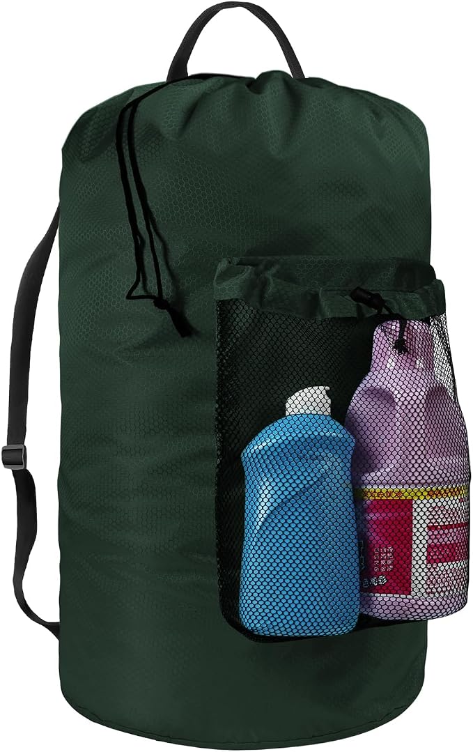 Laundry Bag with Shoulder Straps and Mesh Pocket Laundry Backpack Large Portable Laundry Hamper for College Laundromat Apartment (Green)