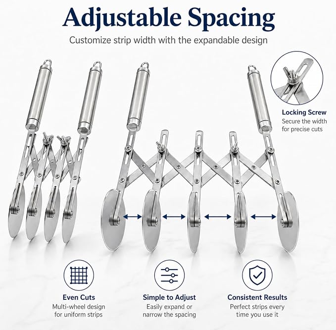 Wheel Adjustable Pasta Cutter with Handle - Stainless Steel Multi-Tool for Baking Pastry, Pizza, Noodles & Pie Crust (3 Roller)