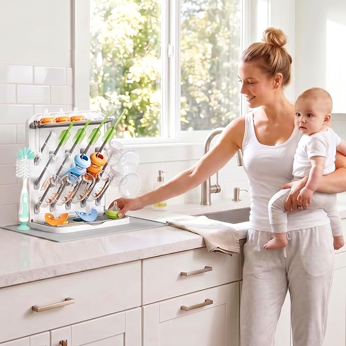 Lifewit 15-Hooks Baby Bottle Drying Rack with Drain Mat & Brush, BPA Free | Vertical Bottle Storage Organizer, Stand-Up Dryer Holder for Pacifiers, Pump Parts, Baby Stuff, Newborn Essentials Must Haves