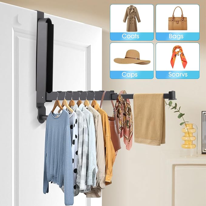 Over The Door Drying Rack, 2 Pack Grey Foldable Clothes Hanger Doors Hooks | Fits Doors Up To 1.88", Foldable Design, 6 Anti-Slip Slots with Extra Hanging Rod, Door Organizer Rack for Laundry Clothes