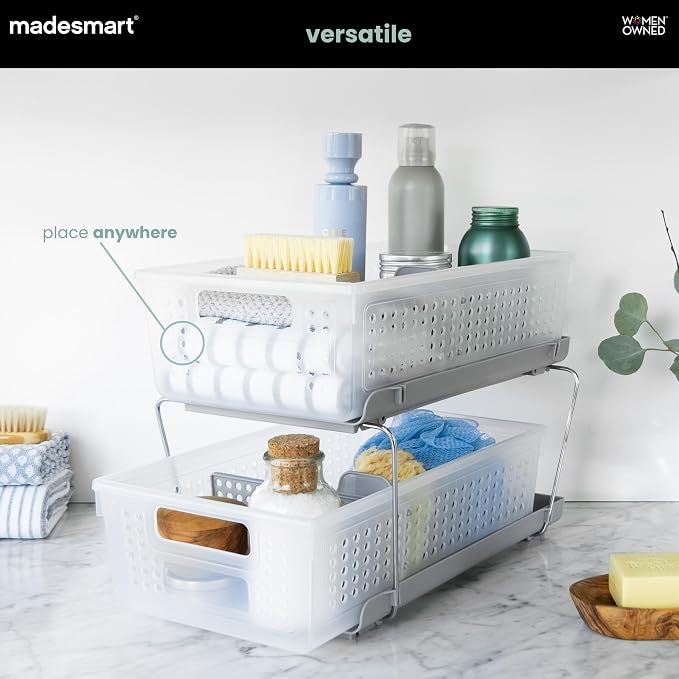 madesmart 2 Tier Organizer, Under Cabinet Storage with Pull Out Sliding Drawers, for Cleaning Supplies, Pantry, Undersink, Sponges, Bottles & Bath, Adjustable Dividers & Pull Out Baskets, Frost