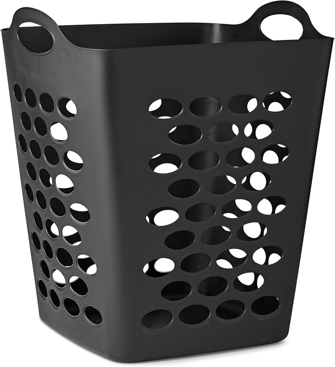 Flex Square Laundry Hamper, 2 Bushel Black Clothes Basket | Large capacity square design, built-in ventilation holes, equipped with sturdy dual carry handles for laundry storage