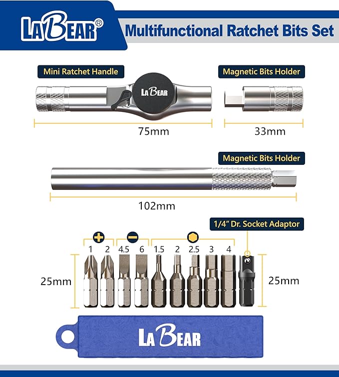 12-in-1 Bike Multitool, Ratchet T-Handle with S2 Bits & Adapter | 90 Tooth, 4 degree swing arc, magnetic holder, PH SL Hex sizes, compact carry, road and mountain maintenance