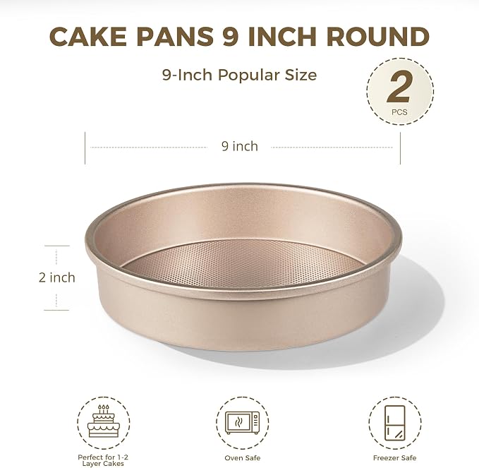 HONGBAKE Nonstick Ceramic 9 Inch Round Cake Pan Set of 2, Heavy-Duty Aluminized Steel Round Cake Pans with Diamond Texture, Non-Toxic Cake Molds, Cake Pans 9 Inch Round for Baking Cheesecake, Gold