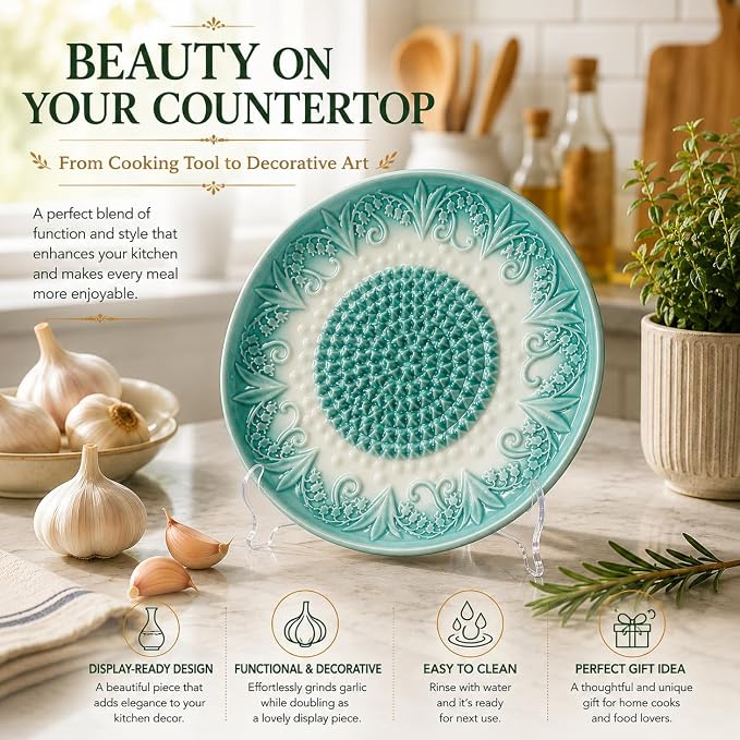 Ceramic Garlic Grater Plate Set with Rack & Cleaning Brushs(Teal)